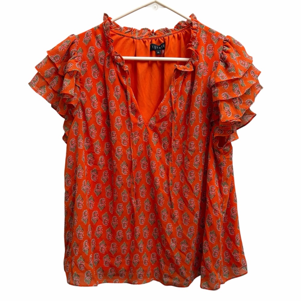 1.STATE Orange Ruffle Sleeve Paisley Print Blouse